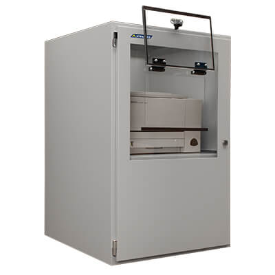 Un coffret pour imprimante industriel Armagard au sol avec imprimante laser installée